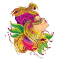 Vector profile girl face in carnival mask with outline golden peacock feathers, ornate collar and beads isolated on white back.