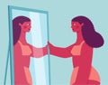 Vector profile portrait of young black oversize woman looking in the mirror. Plus size woman proud of her body. Body positive.