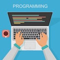 Vector programming, coding web development concept. Programmer top view with screen code.