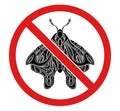 Vector prohibited badge with black silhouette of moth. Danger to be bite. Forbidden sticker monochrome butterfly clipart