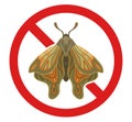 Vector prohibited badge with moth for pesticide and repellent. Forbidden sticker butterfly clipart