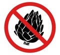 Vector prohibited sign with black silhouette of artichoke isolated from background. Red forbidden sticker with cabbage. Allergy