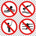 Prohibition sign for no swim, jump, self portrait and climb at transparent effect background