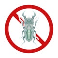 Vector prohibition sign with a stag beetle. Danger of being bitten by insects. Bugs are in ban. Forbidden sign for dichlorvos