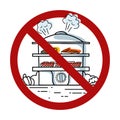 Vector prohibition sign with steamer and food. Cooking in ban. Forbidden sign with utensil