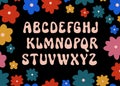 Vector psychedelic alphabet. Groovy psychedelia fun hand drawn font. Trippy simple geometric design template. Boho style ABC