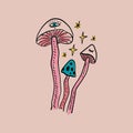 Vector psychedelic mystical groovy whimsical doodle witchy mushroom family and celestial characters, esoteric objects Royalty Free Stock Photo