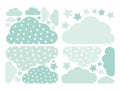 Pastel green clouds and stars vector collection with hearts for kids .Cloud computing decoration pack.Baby shower stickers set. Royalty Free Stock Photo