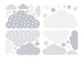 Pastel grey clouds and stars vector collection with hearts for kids .Cloud computing decoration pack.Baby shower stickers set. Royalty Free Stock Photo