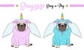 Vector pug puppy dog sitting down, wearing pink and blue jumpsuit with unicorn horn with rainbow colors and angel wings