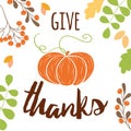 Vector pumpkin Give thanks Autumn print hand drawn orange pampkin decoration for thanksgiving day banner, logo, sign