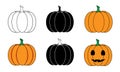 Vector pumpkin set in different styles. Outline, flat, cartoon, Halloween pumpkins isolated on white background Royalty Free Stock Photo