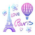 Vector purple Air Balloon and Paris Eiffel Tower isolated on white background