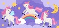 Vector purple background with unicorns, rainbow, clouds, stars. Magic or fantasy world scene. Fairytale horizontal landscape for