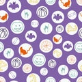 Vector Purple circles seamless pattern background. Made with funny Halloween pumpkins, hats, and cats. Royalty Free Stock Photo