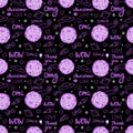 Vector Purple doodle space. Hand drawing of the planet and lettering inscriptions. Seamless pattern isolated on a dark.