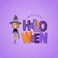 Vector purple greeting card for Halloween. Lettering and little witch with pumpkin