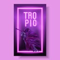 Vector purple neon banner with tropical leaves