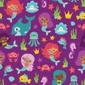 Vector Purple People of Color Mermaids and Friends Seamless Pattern Background