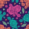 Vector purple roses and berries seamless pattern. Colorful neon flowers with dark background. Perfect for fabric Royalty Free Stock Photo
