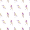 Vector purple yellow birds and flower horiztontal seamless pattern isolated on a white background. Print for bed linen Royalty Free Stock Photo