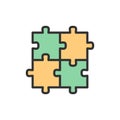 Vector puzzle, jigsaw, square, integrity, problem solving flat color line icon.