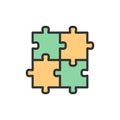 Vector puzzle, jigsaw, square, integrity, problem solving flat color line icon.