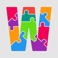 Vector puzzle piece letter - W. Jigsaw font shape. Royalty Free Stock Photo