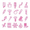 Vector pyrotechnic icons set. Celebration festival dynamite fireworks with sparks and explosions signs