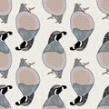 Vector Quail Birds in Black, Brown, White and Gray on Beige Background Seamless Repeat Pattern. Background for textile