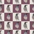 Vector Quail Birds in Brown, Black, White, Gray on Purple Beige Squares Background Seamless Repeat Pattern. Background