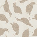 Vector Quail Birds Ferns Brown Silhouettes on Beige Background Seamless Repeat Pattern. Background for textile, book