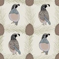 Vector Quail Birds and Pinecones on Beige Background Seamless Repeat Pattern. Background for textile, book covers