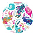 Vector rabbit characters design with beautiful blossom flowers in the circle