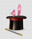 Vector rabbit ears appear from the magic hat and magic wand isolated on transparent background. Royalty Free Stock Photo