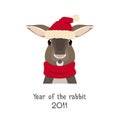 Vector rabbit head in new year red hat and scarf