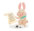 Vector rabbit illustration reading poetry. Cute author bunny character illustration. Feather and ink vector illustration