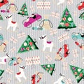 Vector raditional retro toys seamless pattern with christmas trees and gift boxes