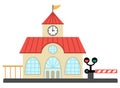 Vector railway station icon. Railroad train waiting building with clock tower, semaphore and barrier. City or countryside