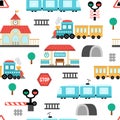 Vector railway transport seamless pattern. Funny railroad transportation repeating background with train, steam train, tunnel for Royalty Free Stock Photo