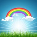 Vector rainbow clouds blue sky and grass Royalty Free Stock Photo