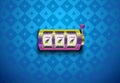 Vector rainbow color casino slot machine with lucky seven. Blue silk geometric card suits background. Online casino web banner Royalty Free Stock Photo