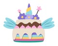 Vector rainbow colored cake with unicorn horn, stars and wings. Fairytale themed birthday dessert. Cute magic candy bar design Royalty Free Stock Photo