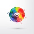 Vector rainbow grungy watercolor wifi icon inside circle with paint stains and blots Royalty Free Stock Photo