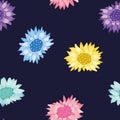 Vector Rainbow Sunflowers on Navy Blue seamless pattern background. Perfect for fabric, scrapbooking and wallpaper