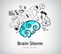 Vector rainstorming creative idea logo, brain icon with doodle hand drawn charts, faces, arrows. Innovation and solution Royalty Free Stock Photo