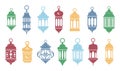 Vector Ramadan arabian islamic lanterns color shapes set isolated on white. Vintage lamps silhouettes. Arabesque eastern