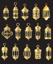 Vector Ramadan arabian islamic lanterns golden shapes set isolated. Vintage lamps silhouettes. Arabesque eastern style