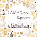 Vector Ramadan greeting card. Islamic Holiday. Lanterns, ornaments, stars, mosque,arabian style. Text Ramadan Kareem