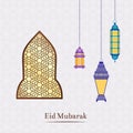 Vector Ramadan illustration with hanging lanterns and arabic motif window Royalty Free Stock Photo
